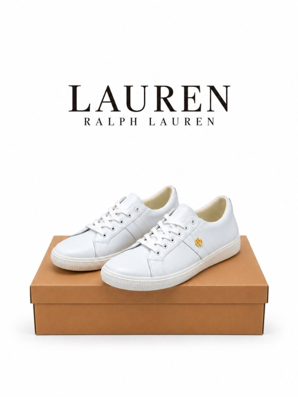 Lauren Ralph Lauren Janson II White Leather Sneakers Gold Monogram US 10
